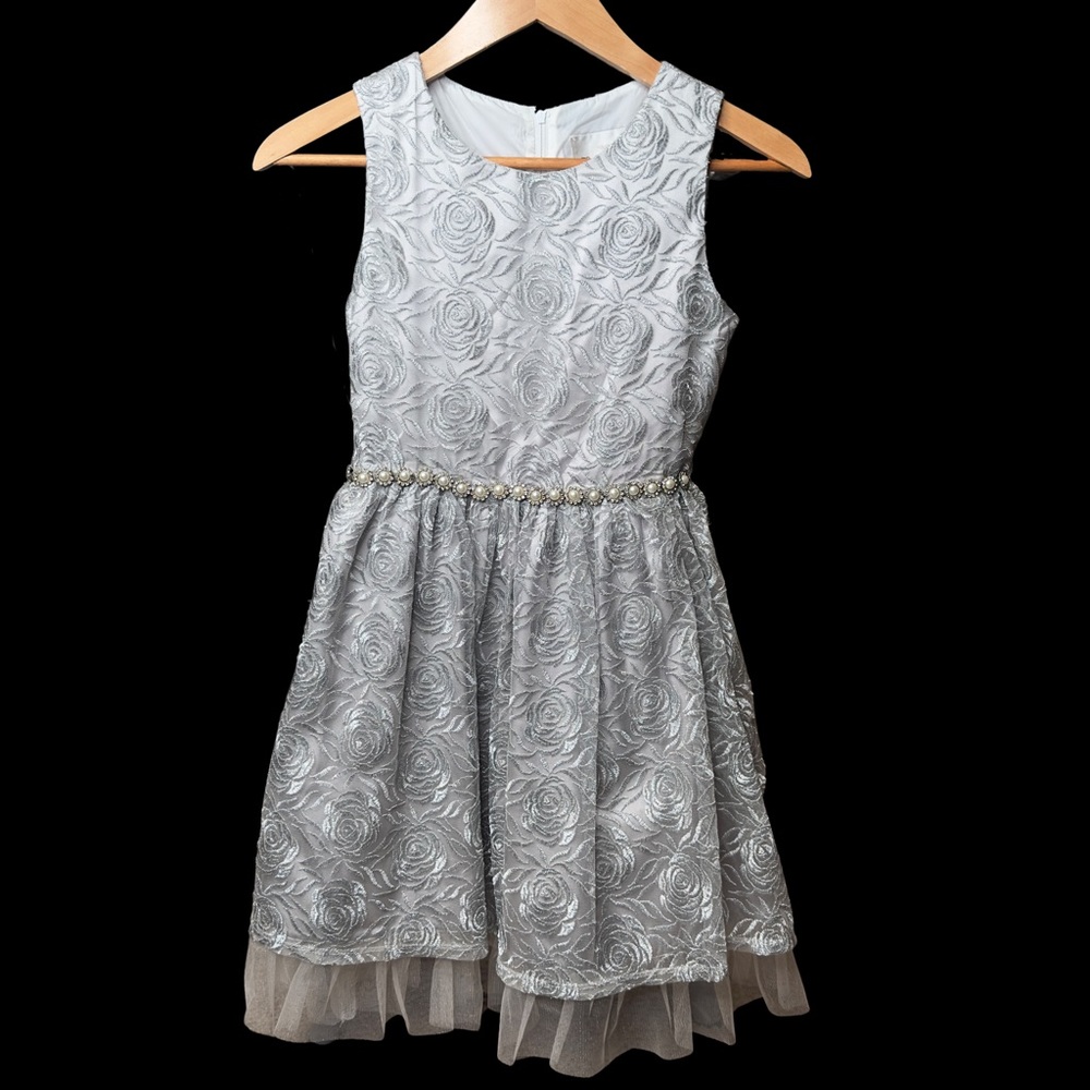 RARE EDITIONS GIRL SILVER EMBROIDERED PARTY DRESS
